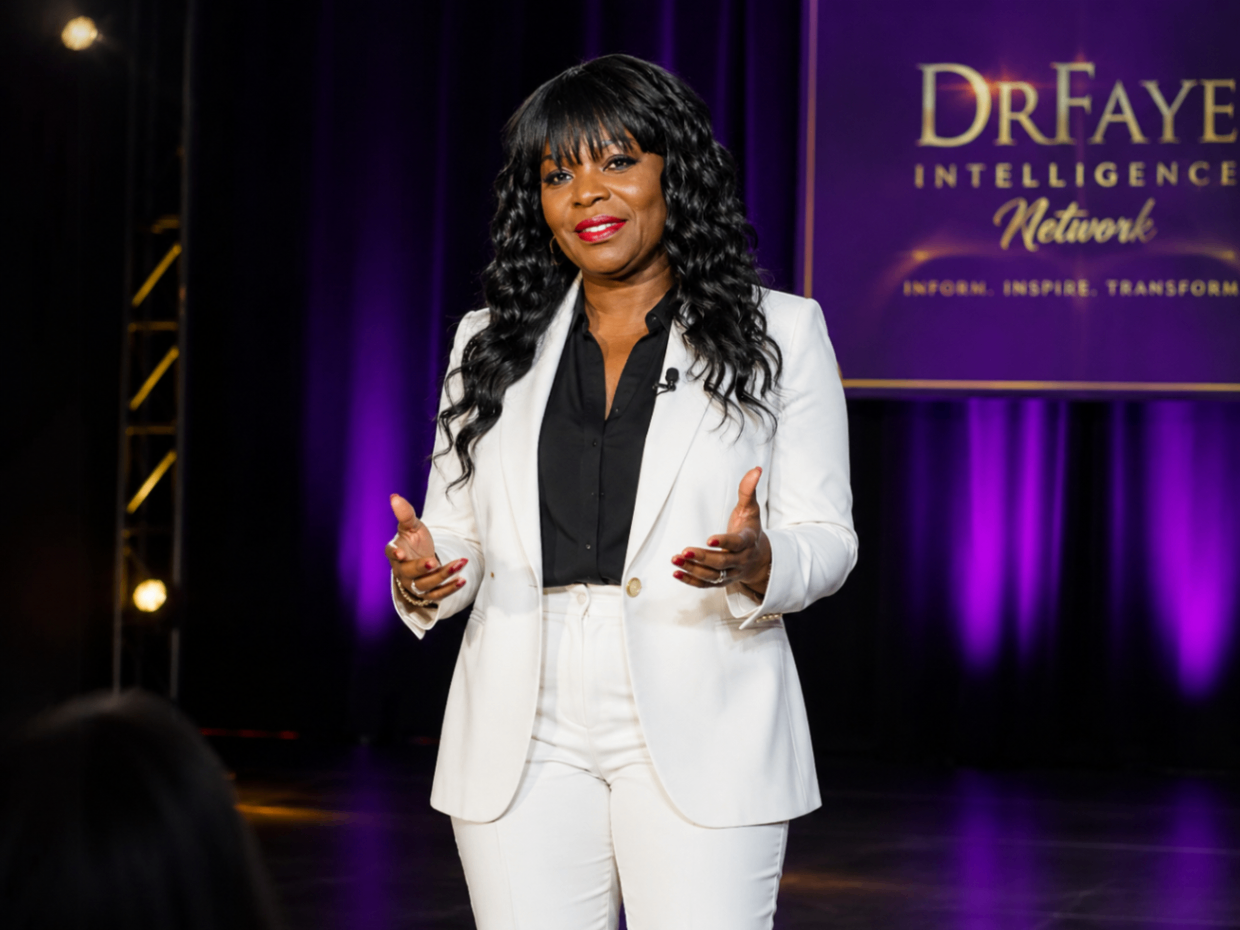 Dr. Faye on stage — Inform. Inspire. Transform.
